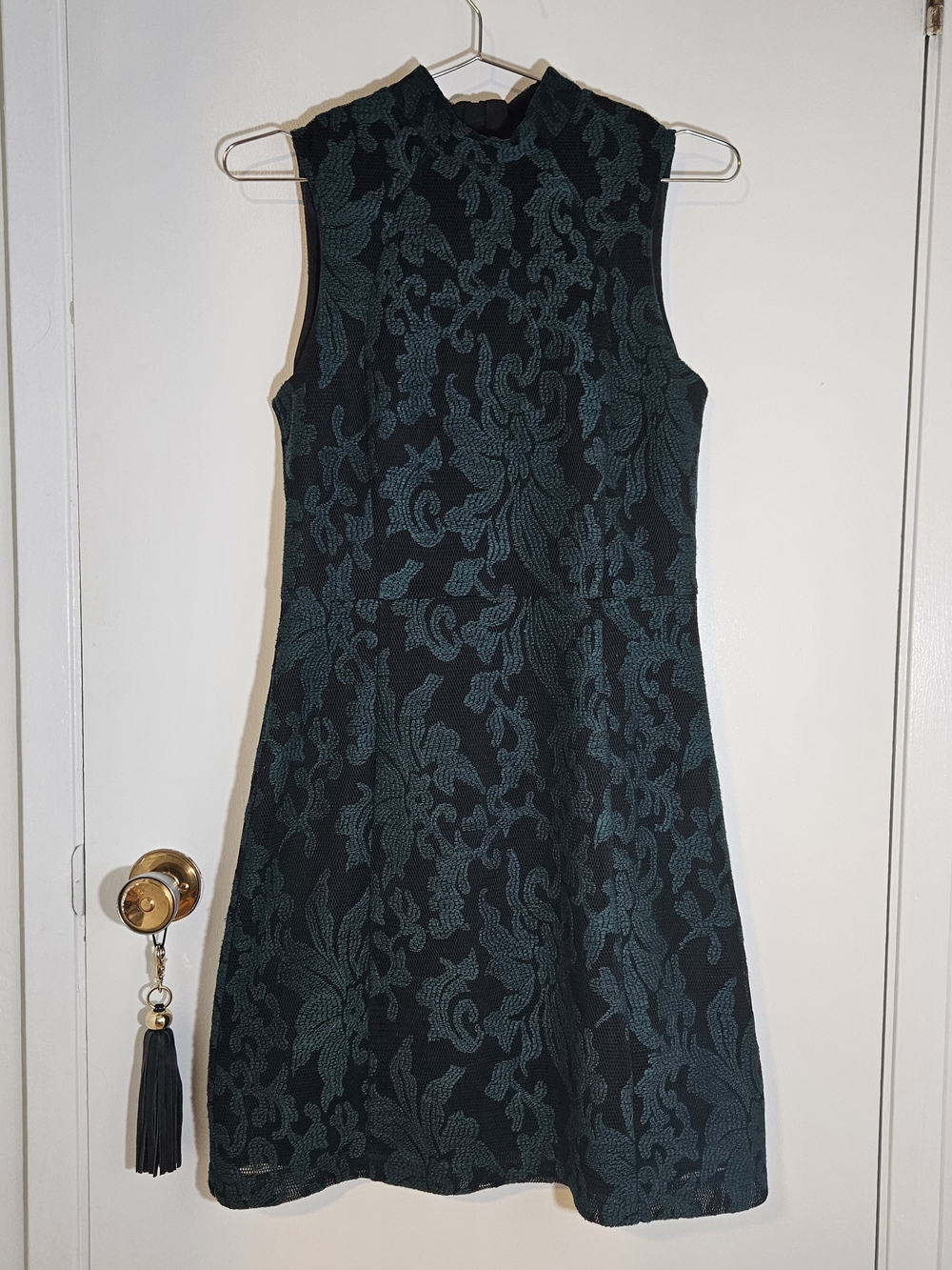 Zara Black & Teal Floral Jacquard A-Line Dress Mod Vintage Sz 6